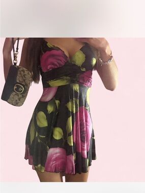 Floral Fit-and-Flare Mini Dress in Black and Fuchsia